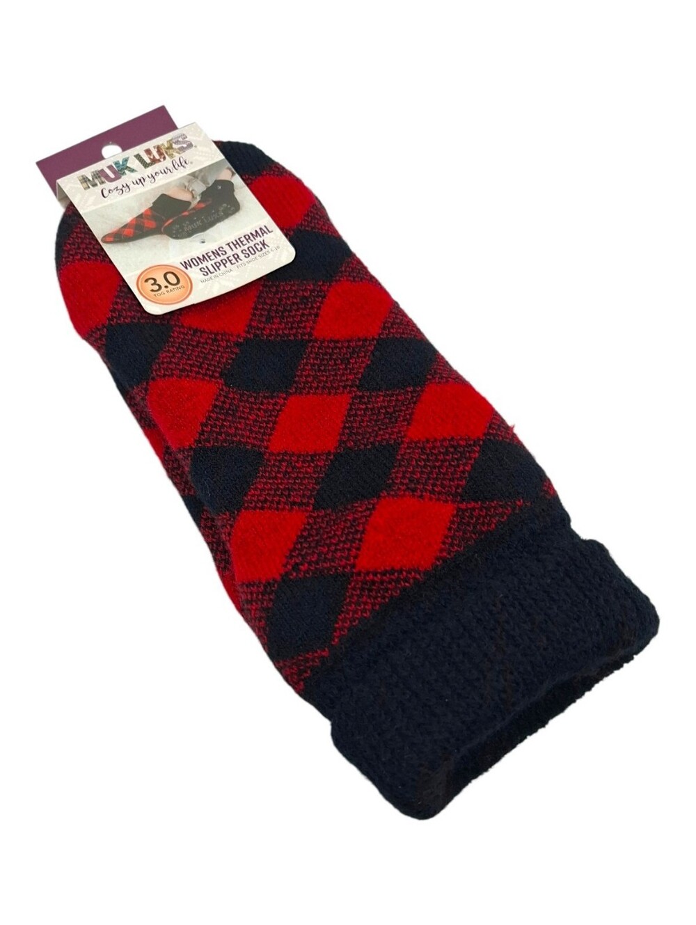Muk Luks Red & Black Buffalo Check Thermal Slipper Sock Fits Sizes 6-10